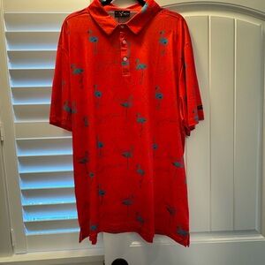Vibrant Red Polo Shirt with Blue Palm Tree Prints